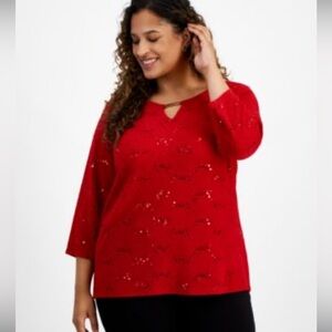NEW JM Collection Red Sequin 3/4 Length Sleeve Top Size 3X